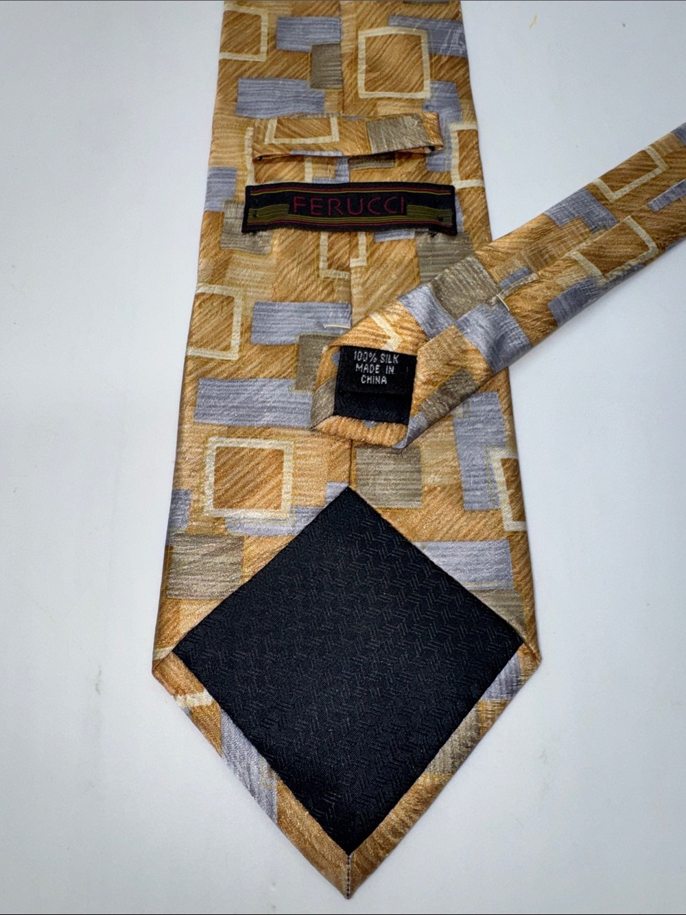 Ferucci Vintage Silk Geometric Patchwork Necktie Gold Gray Blue # 0145